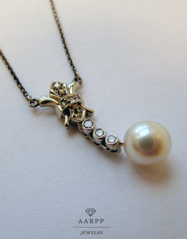 Collier 585 Gelbgold Diamantenanhänger Perle Art Deco