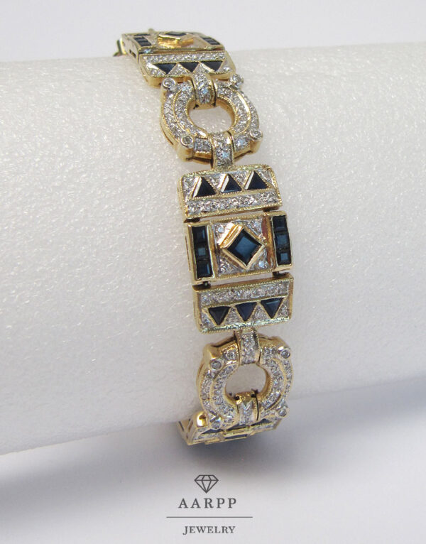 Vintage Armband 585 Gold Diamanten blaue Edelsteine Kreise Dreiecke