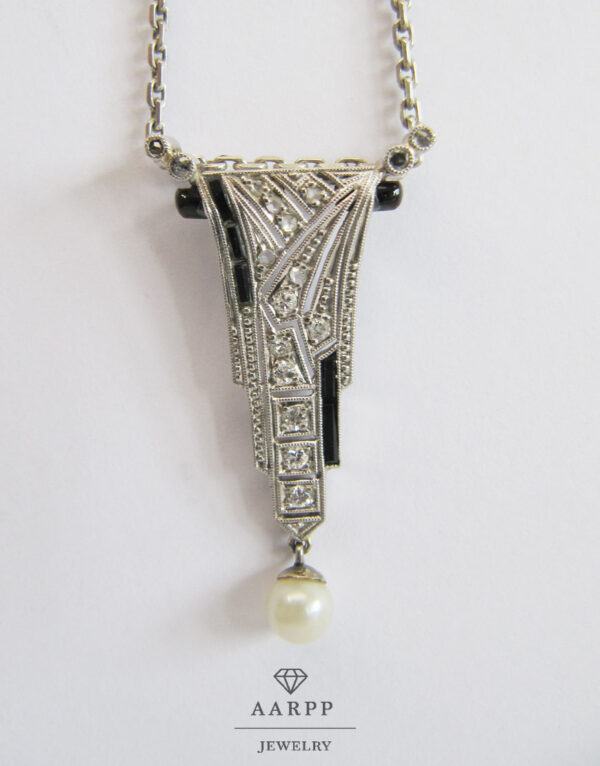 Art Deco Silberkette Weißgoldanhänger 14K Diamant Perle