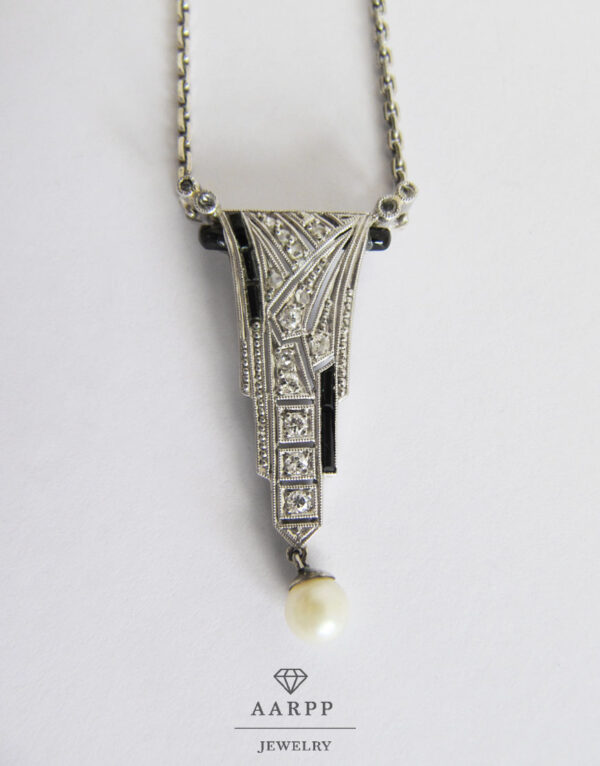 Art Deco Silberkette Weißgoldanhänger 14K Diamant Perle
