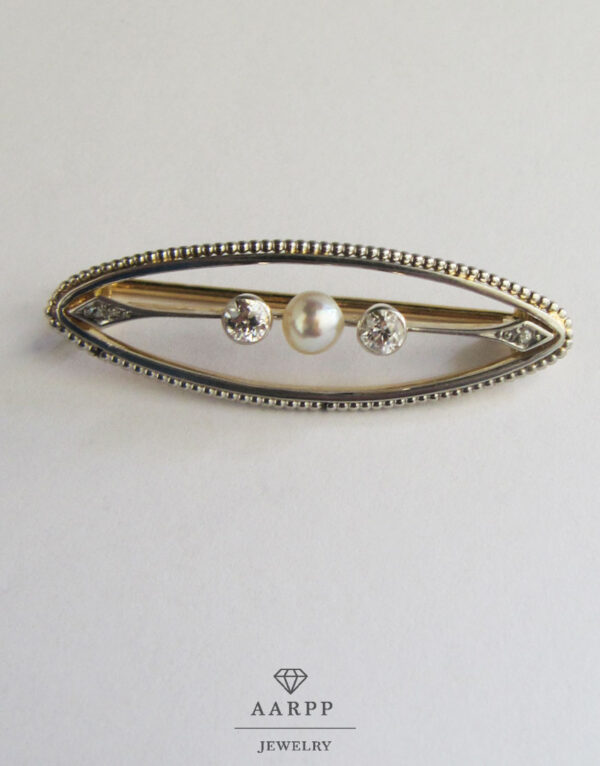 Ovale Art Deco Brosche 750 Gelbgold mit Perle und Diamanten für Damen