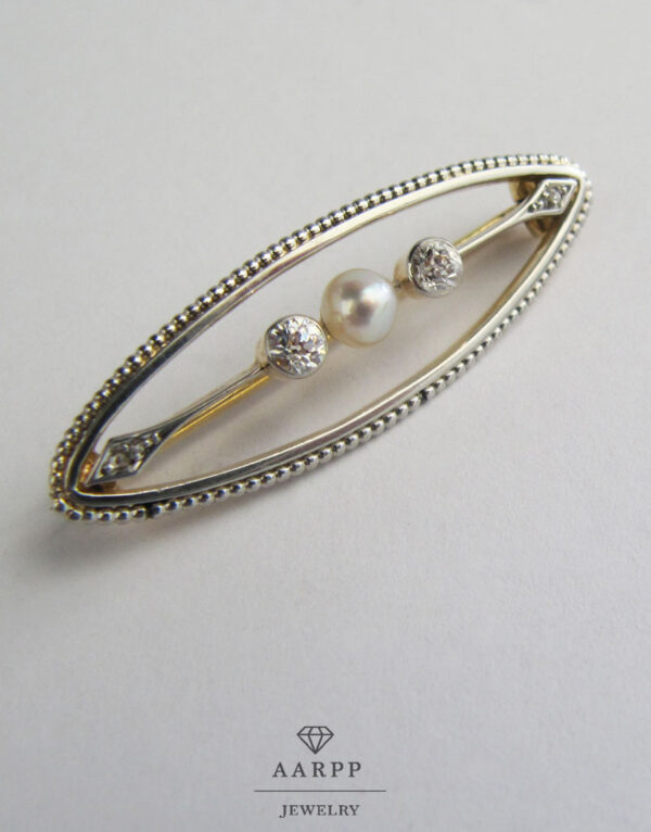Ovale Art Deco Brosche 750 Gelbgold mit Perle und Diamanten für Damen