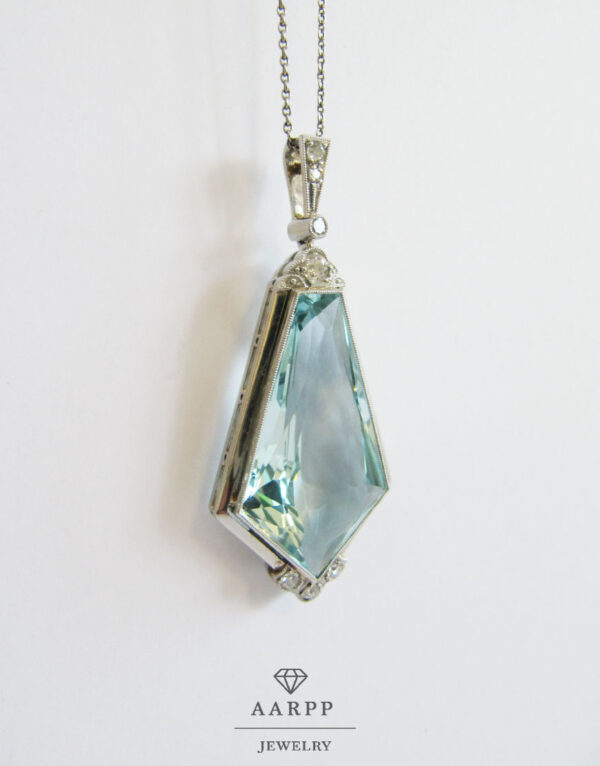 Art Deco Aquamarin Diamant Anhänger Weissgold mit Platin Kette