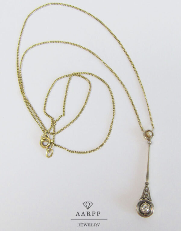 Collier mit Diamant Anhänger aus 18Kt Gold mit Perle Art Deco