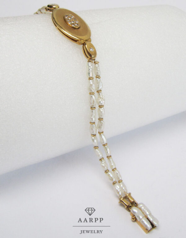 Goldenes Armband für Damen mit Diamanten und Perlen in Biwa-Optik 750 Gold