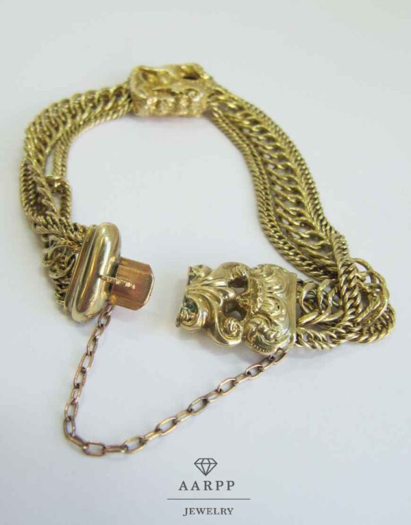 Antikes Viktorianisches Gold Armband aus 3 Ketten mit beweglicher Fassung Jagdhund Jäger Motiv