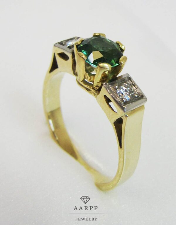 Vintage Goldring 585 mit Diamanten und smaragdgrünem Turmalin
