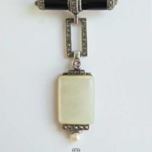 Art Deco Brosche 925 Silber mit Onyx Perle Turmalin Markasiten