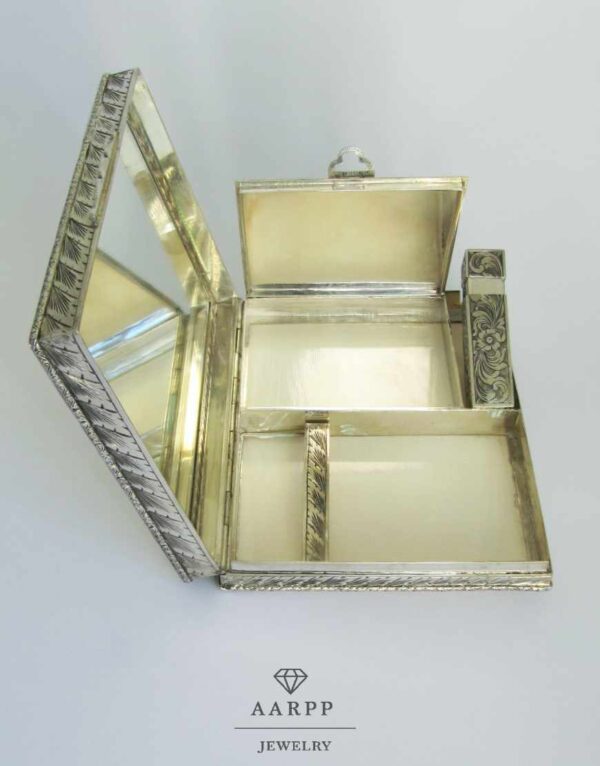 Art Deco Etui mit Spiegel Lippenstift Puderdose florales Dekor 800 Silber mit Elfenbein