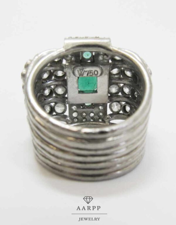Breiter Luxus Vintage Diamant Ring 1,3ct 18K Weissgold mit Smaragd prachtvolles Design