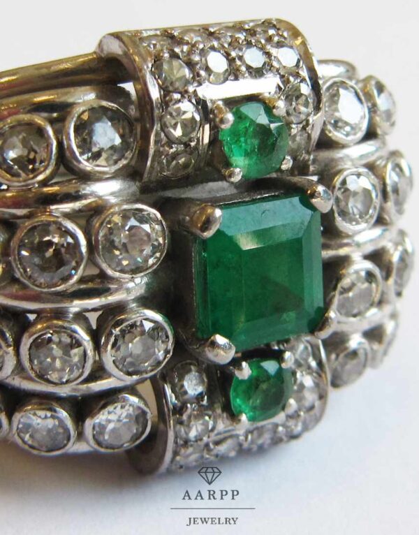 Breiter Luxus Vintage Diamant Ring 1,3ct 18K Weissgold mit Smaragd prachtvolles Design