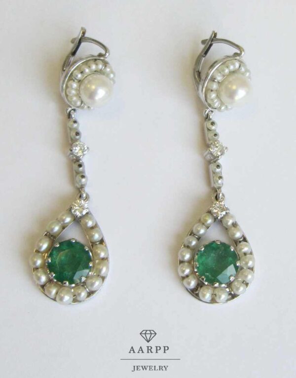 Ausgefallene Vintage Smaragd Brillant Ohrhänger 14Kt Weißgold mit Perlen in Tropfenform