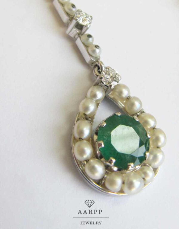 Ausgefallene Vintage Smaragd Brillant Ohrhänger 14Kt Weißgold mit Perlen in Tropfenform