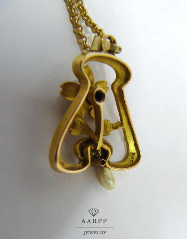 Anhänger Jugendstil 585 Gold Blume mit Altschliff Diamant und Natur Perle mit 375 Goldkette