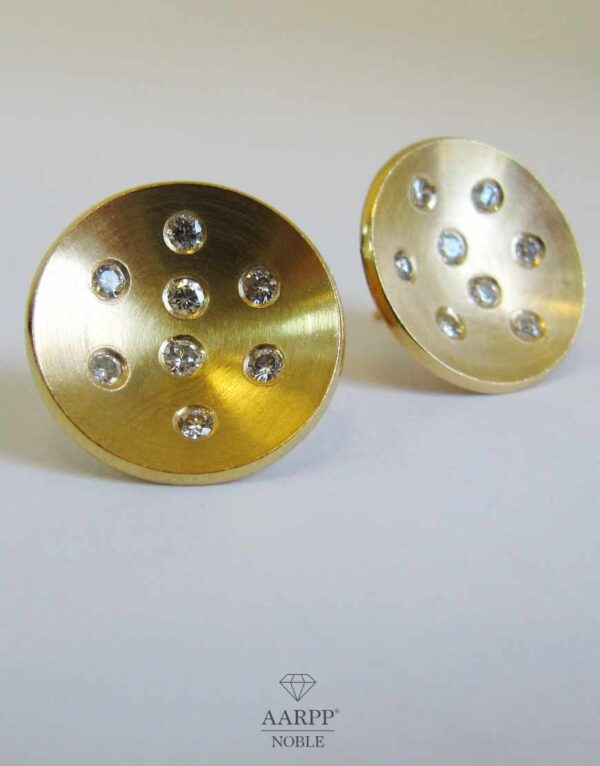 Ohrstecker mattiert 750 Gelbgold rundes Plättchen 16mm Durchmesser mit Brillanten 0.16ct - Verschlüsse 585 Gelbgold