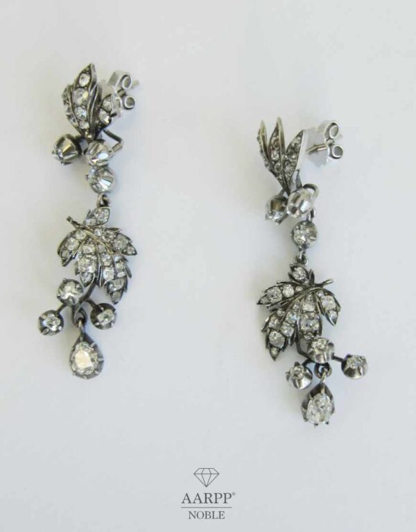 Antike Viktorianische blattförmige Diamant Ohrringe ca 0.2ct Gold und Silber