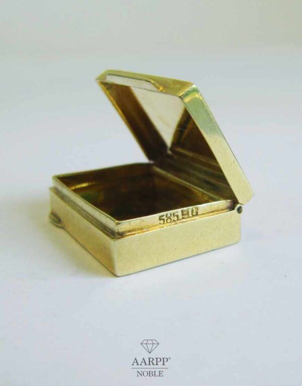 Sehr Kleine Goldene Pillendose 14K Gelbgold 23x16mm rechteckig Guilloche Gold Pill Box