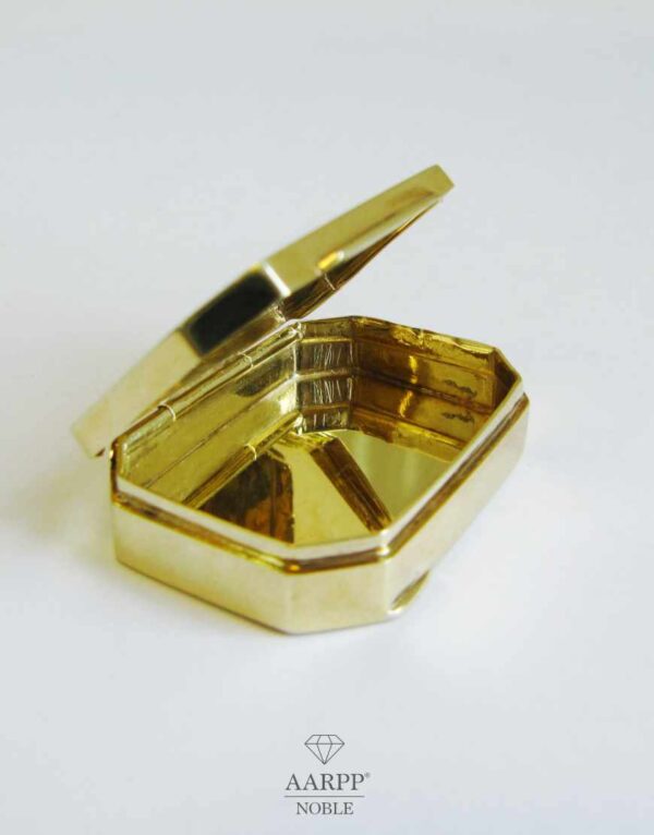 Kleine Goldene Pillendose 14K Gelbgold 30x20mm achteckig Guilloche Gold Pill Box