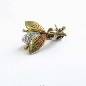 Kleine Brosche Fliege mit Diamanten 14K Gelbgold Weißgold Vintage Anstecknadel Insekt Fliege