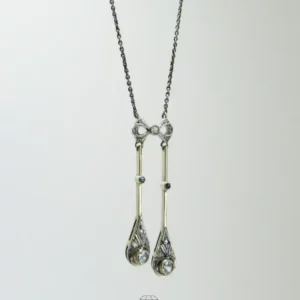 Art Deco Lavallière-Collier 14K Weißold Gelbgold mit Altschliff Diamanten an Platin Silber Collier.