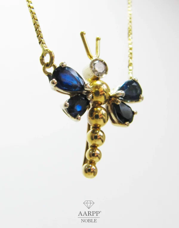Wempe Halskette 750 Gelbgold mit Libelle Anhänger Blautopas und Diamant Collier 40cm