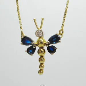 Wempe Halskette 750 Gelbgold mit Libelle Anhänger Blautopas und Diamant Collier 40cm