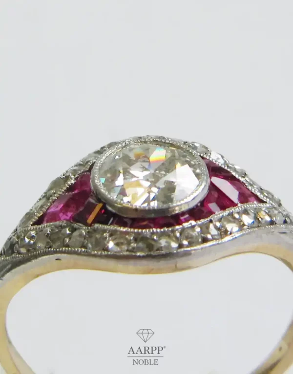 Art Deco Platin Gelbgold Rubin Diamant Ring ca 0.96 ct Gr. 52.5